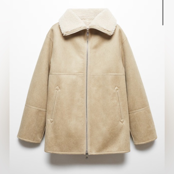 NWOT! MANGO Faux Shearling Zipper oversized turtleneck Coat Small Cream/Beige - Picture 3 of 8